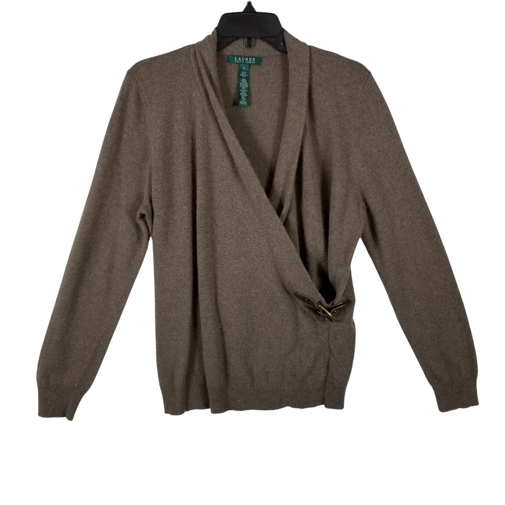 Lauren Ralph Lauren Brown Cashmere Angora Blend Buckle Wrap Sweater XL‎